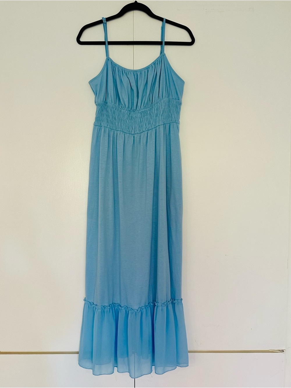 Grace Karen Lt Blue Cottagecore Smocked Bodice Midi Dress Ruffle Hem Size L